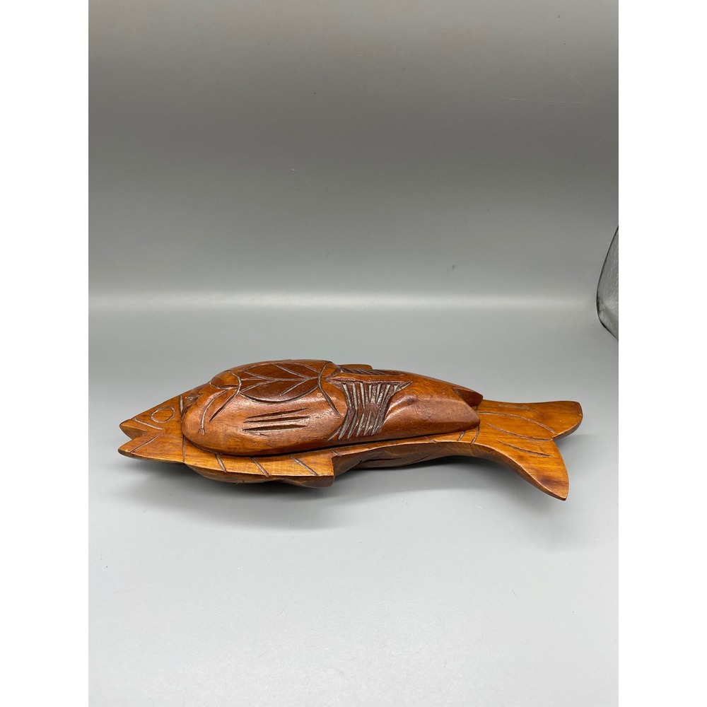 Vintage Hand Carved Wooden Fish Trinket Box Decorative Wood Bowl with Lid 9 Inch - Picture 1 of 5